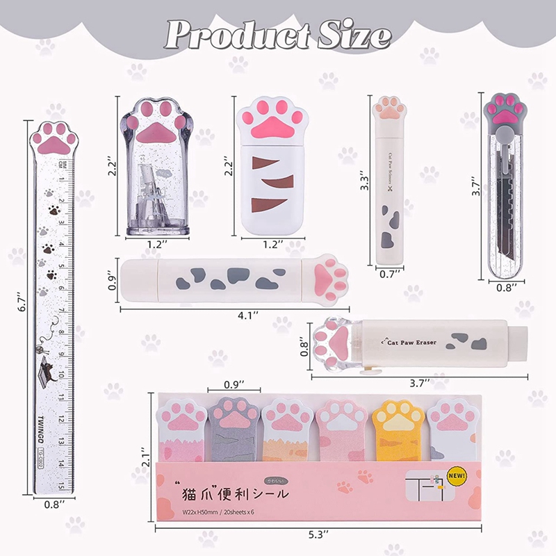 Cat Cat Paw Stationery Set Kawaii School Supplies, y compris le pointeur de crayons Eraser réutilisable blanc