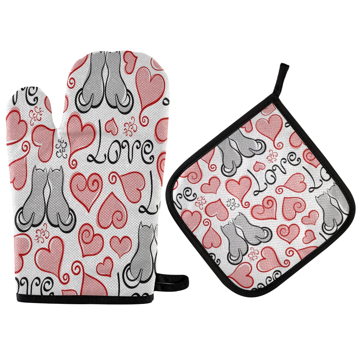 Red Heart Shape Pattern Oven Mitts & Pot Holders Valentine's Day Theme Kitchen Heat Resistant Oven Gloves Hot Pad for BBQ