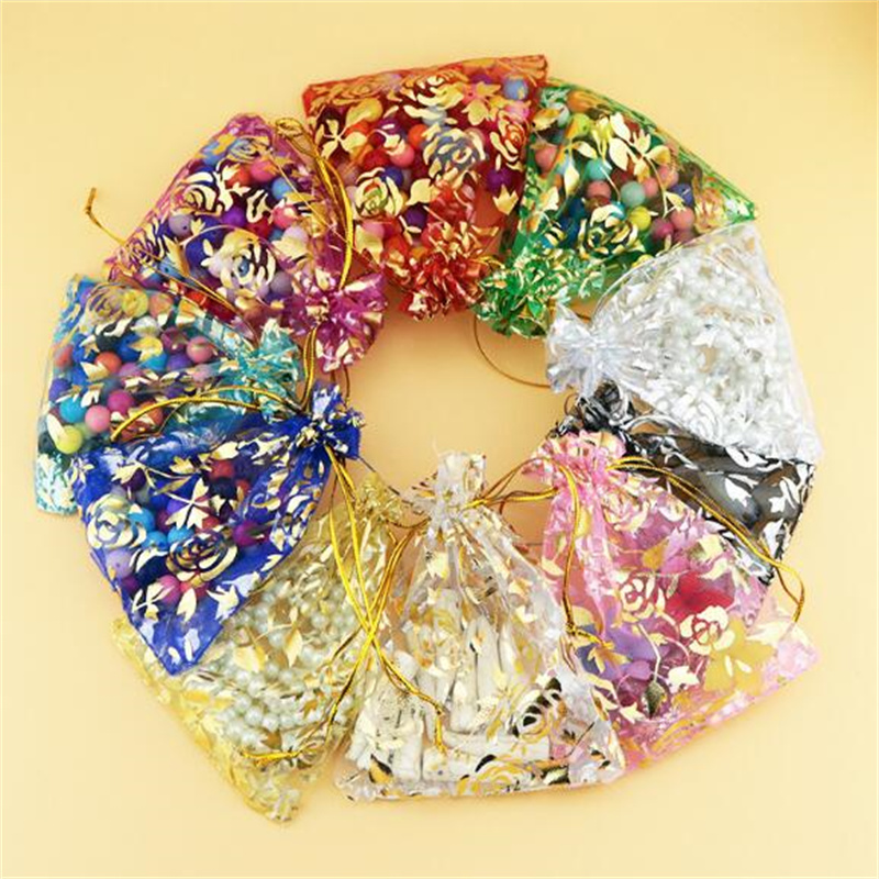 7x9cm Gold Heart Rose Organza Jewelry Pouches Bags Wedding Voile Gift Christmas Bag Jewelry Packaging AB127