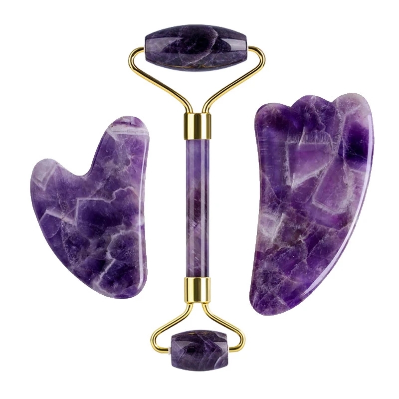 Amethyst Jade Roller Sleep Eye Mask Gua Sha Set Natural Purple Crystals Stone Cold Therapy Eyes Curtain Beauty Massage Tools