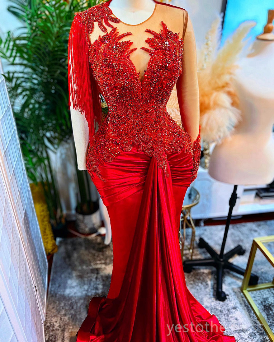 2024 Plus Size Red Prom Dresses for Black Women Promdress One Shoulder Long Sleeves Illusion Mermaid Tassel Appliqued Beaded Lace Birthday Party Gowns Dresses AM704