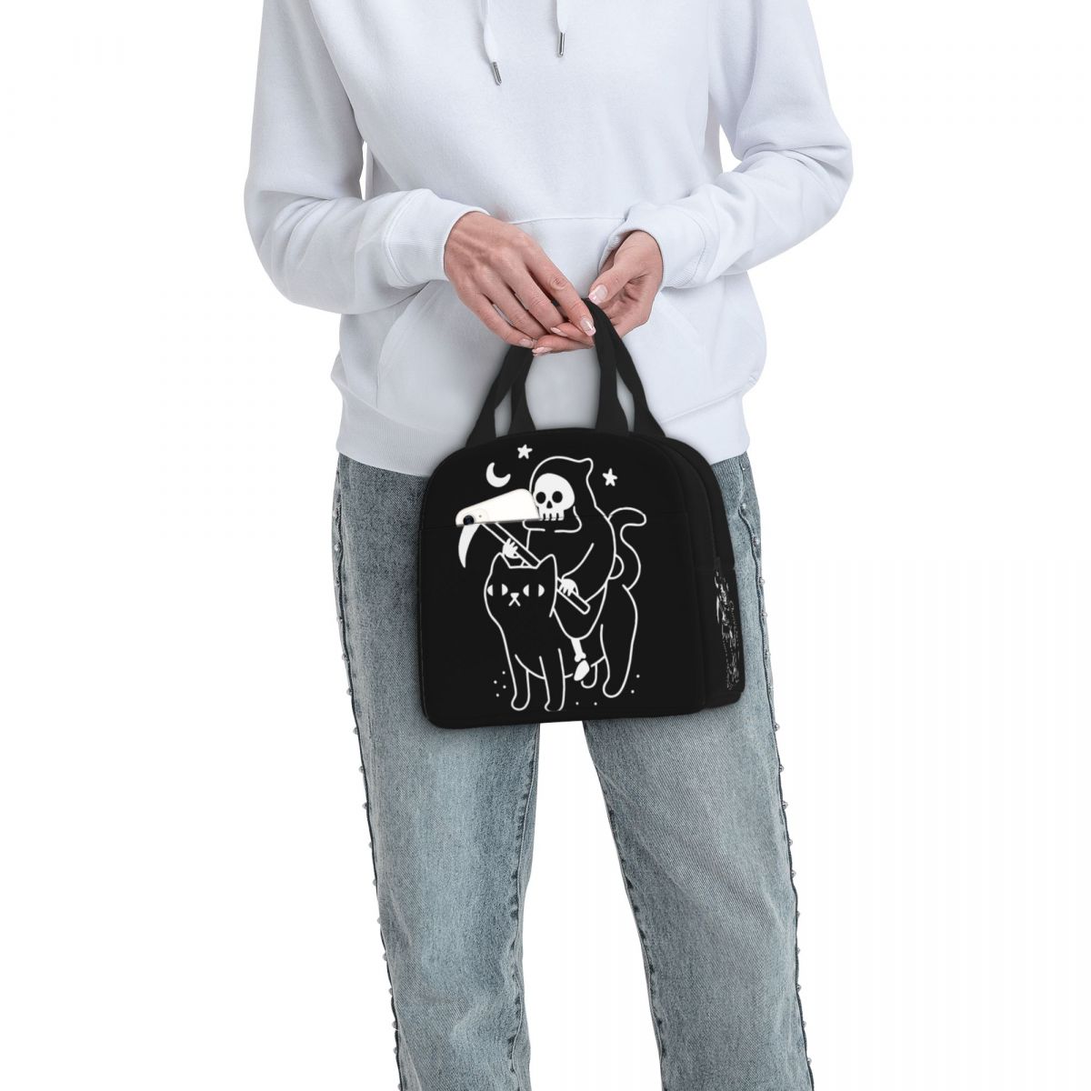 Death Rides A Black Cat Fackiced Fags Farmal Bage Meal Container Horror Halloween Grim Reaper Tote Funky Tote Box