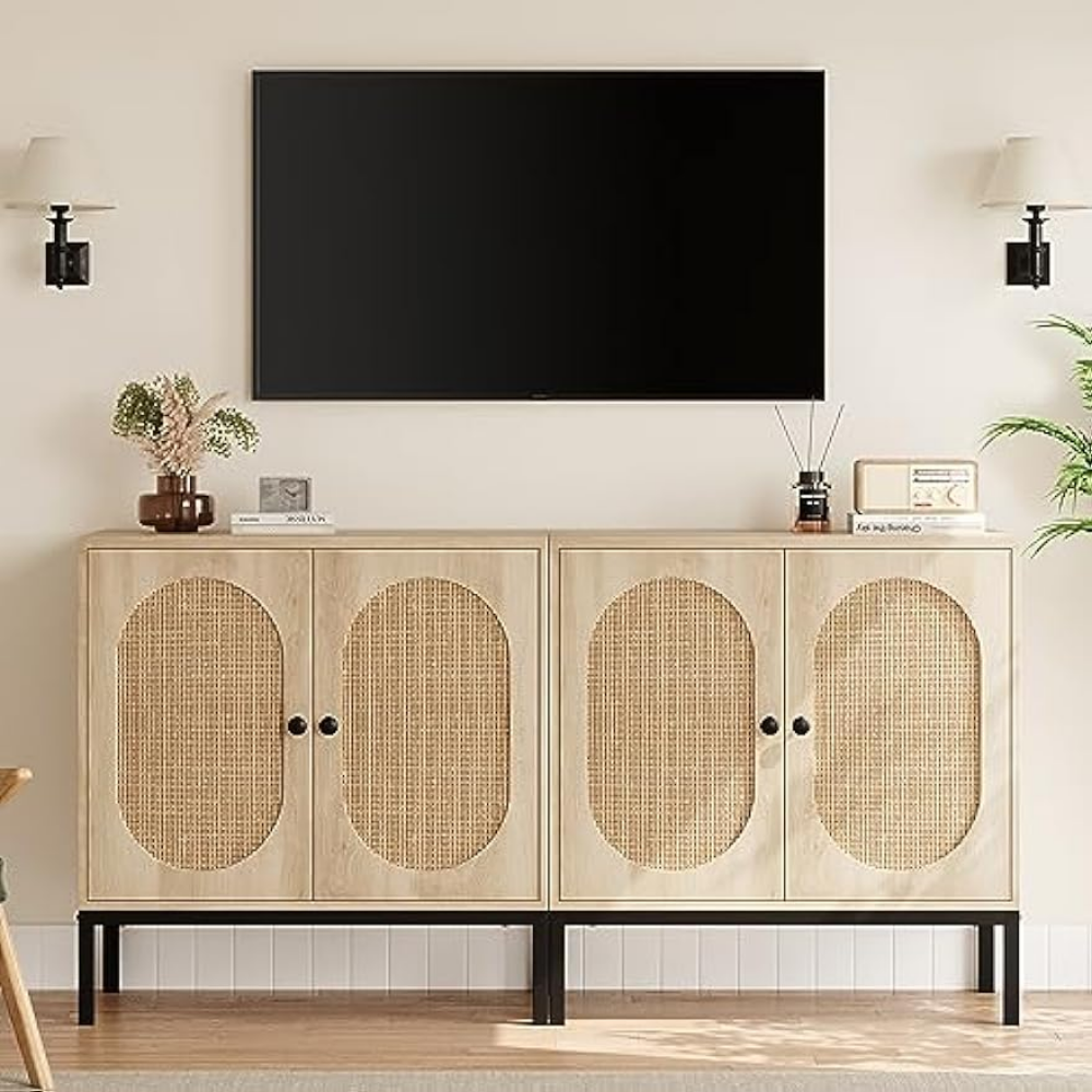 Gabinetto a buffet di Idealhouse, armadio di stoccaggio rattan con porte e mensole, cabinet di accento, cabinetto console in legno