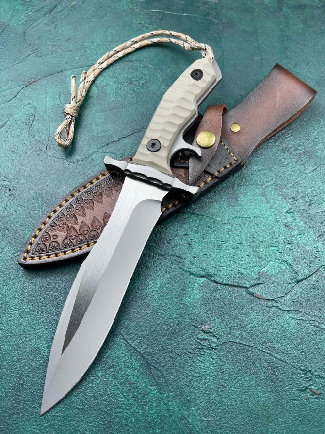 H9905 Couteau droit fort de haute qualité 440c Blade en satin Tang Tang G10 Handle de camping extérieur Randonnée Couteaux tactiques de survie avec gaine en cuir