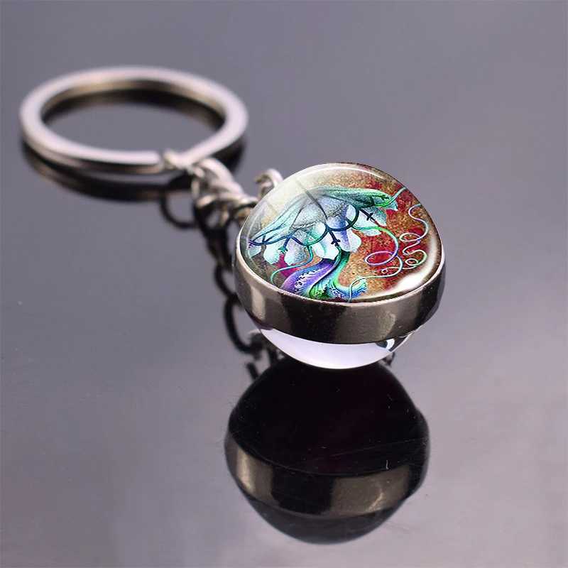 Nyckelringar Fashion Sea Animals Keychain Turtle Starfish Shark Jellyfish Dolphin Mönster Double Side Glass Ball Pendant Keyring 240412