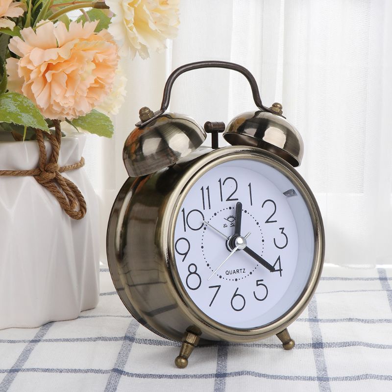 Retro Desktop Mechanical Alarm Clock Night Light Dual Bedside Silent Metal