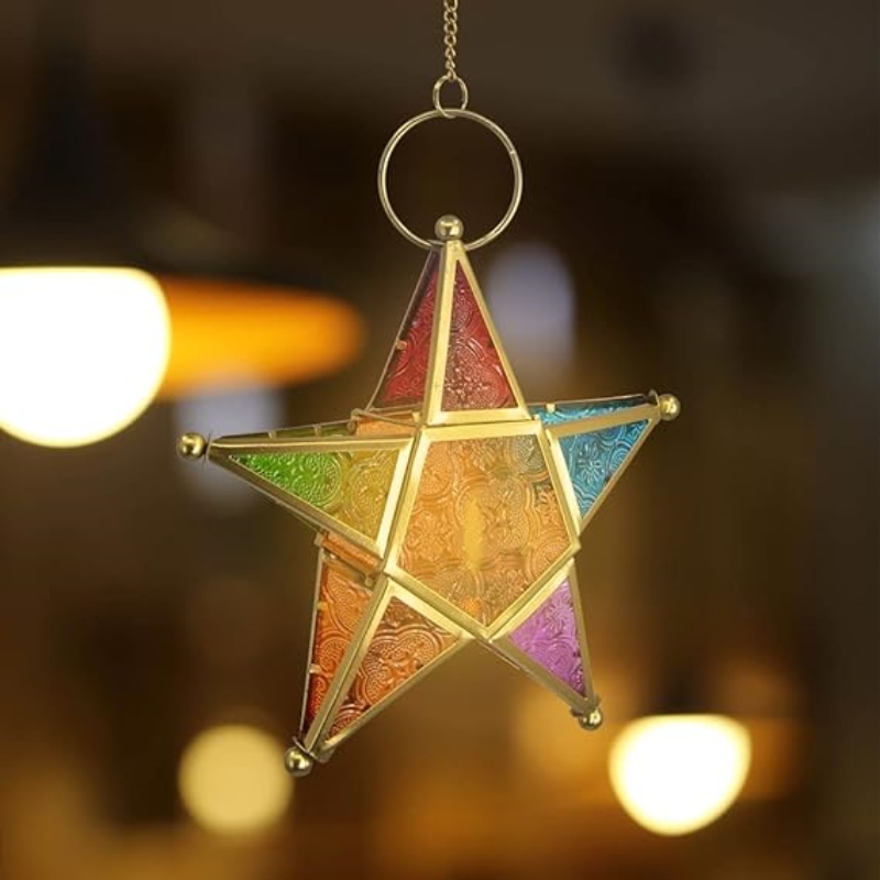 Metal Art Candle Holders Star Colorful Glass Christmas Holiday Home Wall Decor Lantern for Mantel Patio Garden with Hanging Loop