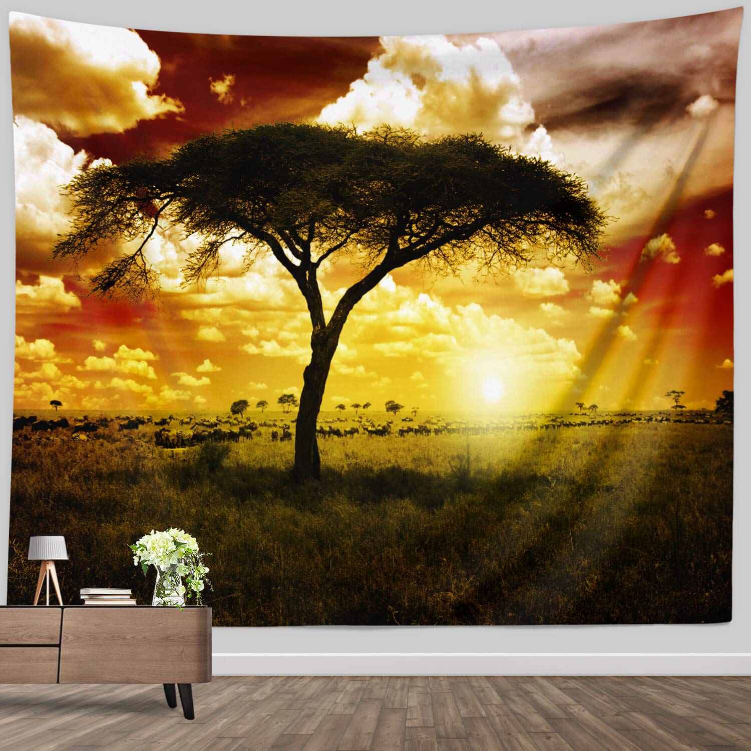 Tapisserie animale, safari Africain Graff Elephant Tree Silhouette Tapasches Tissu Mur Mur à la chambre DÉCOR MUR DE SOI