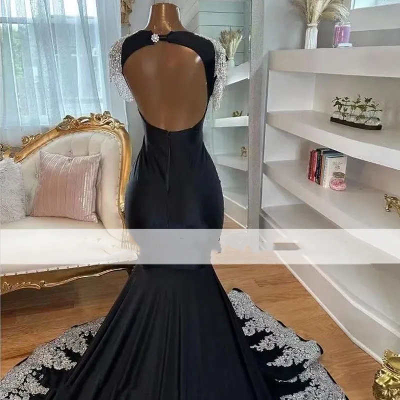 Glitter Black Satin Mermaid Dresses for Black Girl 2024 luksus Sivler Crystal Sexy Backless Long Evening Suknia Vestido Boda Invitada