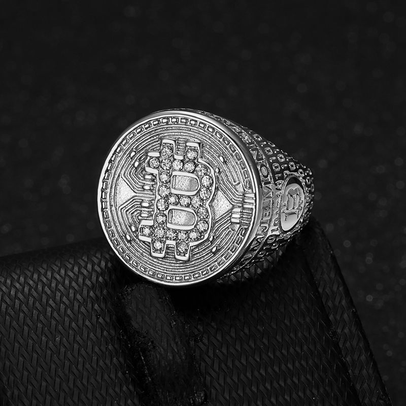 HIP HOP CASTING Bitcoin Ring Titanium Steel avec zircon bijoux en argent couleur