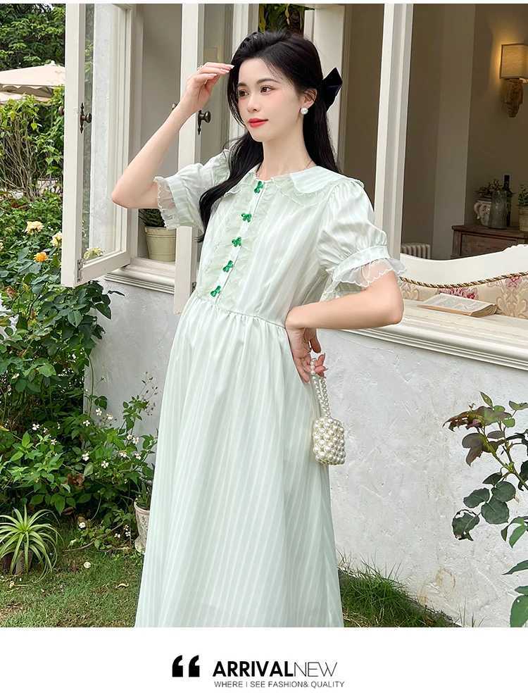 Maternity Dresses Mesh Patchwork Peter Pan Collar Short Sleeve Pregnant Woman Elegant Dress Removeable Bowknot Belt Maternity Party Dress Green 240412