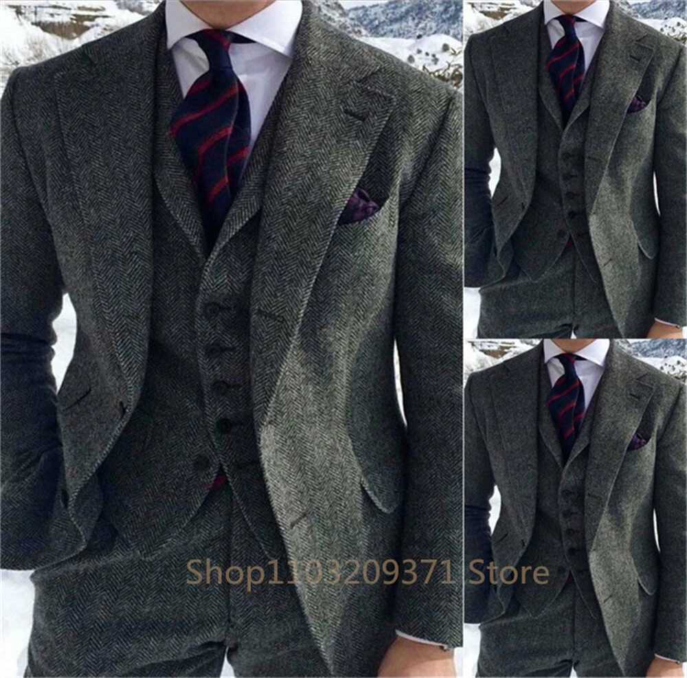 Men's Suits Blazers Herringbone Suit Men Formal Business Tweed Tuxedo for Men Tailor-made Retro Wedding Mens Suit Jacket Vest Pants Set