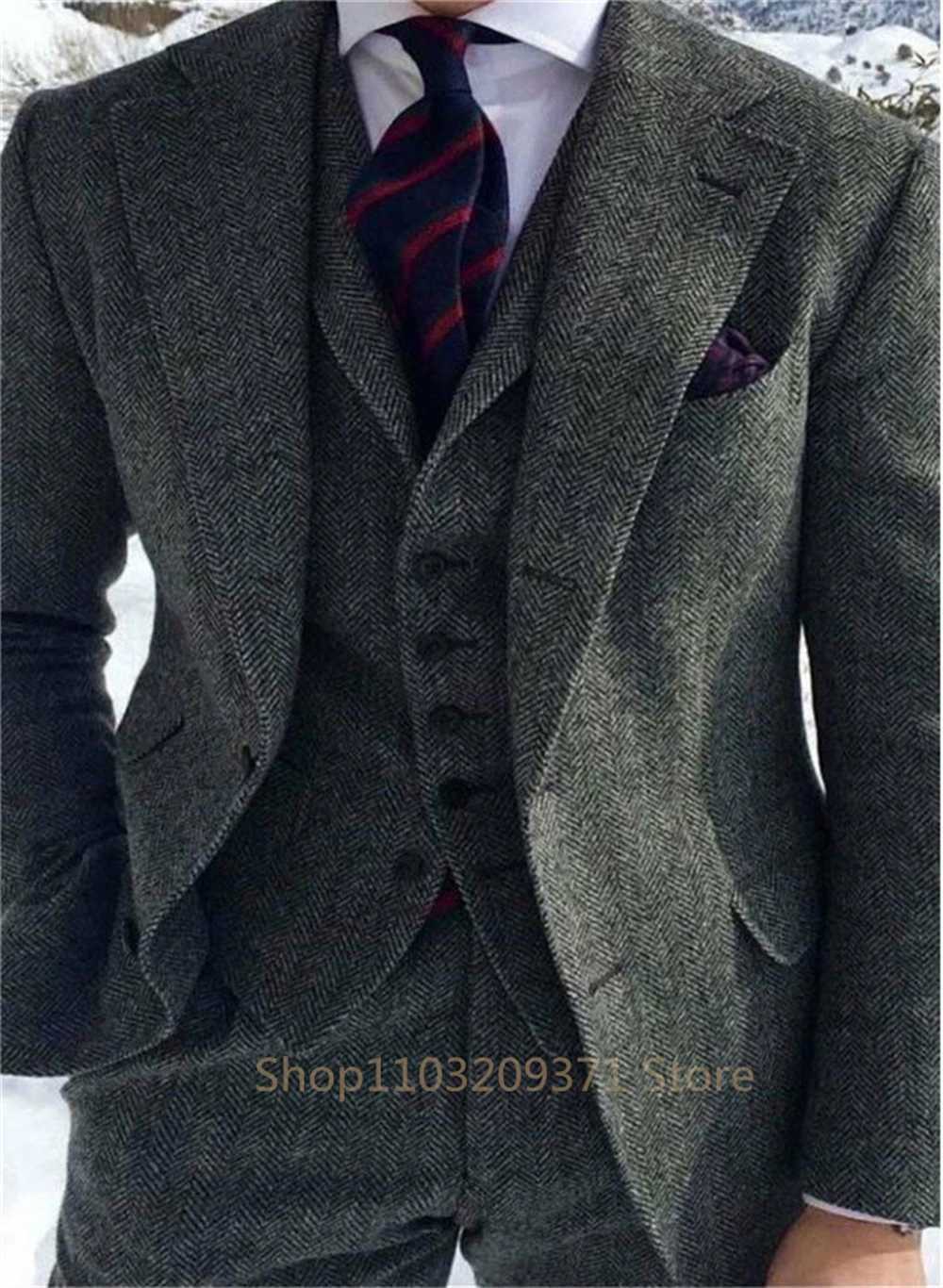 Men's Suits Blazers Herringbone Suit Men Formal Business Tweed Tuxedo for Men Tailor-made Retro Wedding Mens Suit Jacket Vest Pants Set