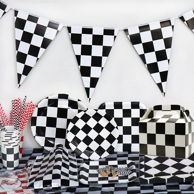 Race autofeestjes Auto Wheel Plates Cups Aapkins Black Wit Geroold Tafelkleed Boy Racing Car Theme Verjaardagsfeestje Decor