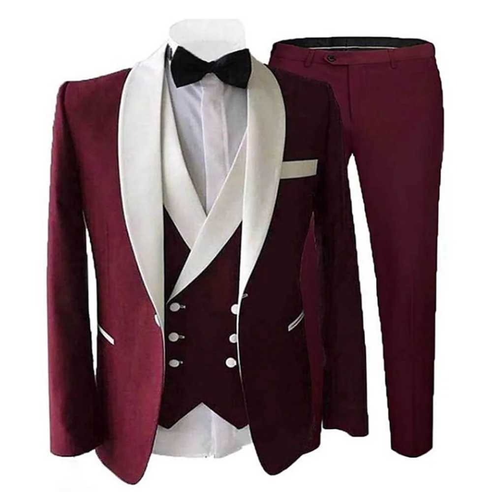 Men's Suits Blazers Burgundy Men Suits Slim fit Custom Wedding Men Tuxedos Formal Business Suits Jacket Vest Pants Trajes De Hombre