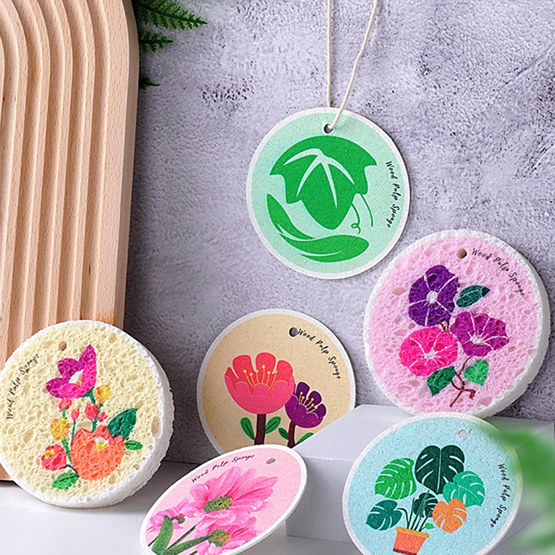 1 pk kawaii houten pulp sponsblokken met touw schattige bloem keuken gerechten potten dinare schrobber huishoudelijk reiniging gereedschap willekeurig