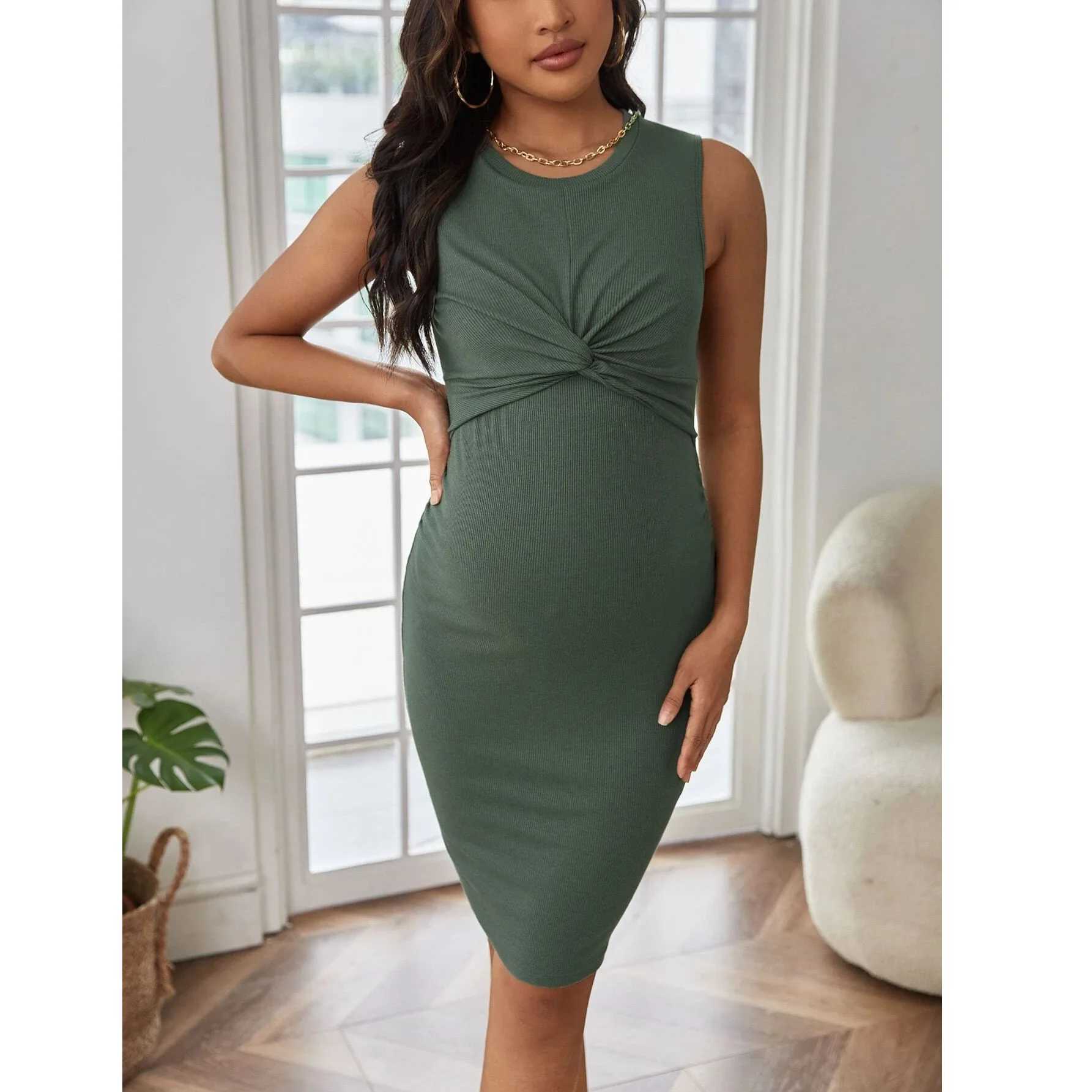 Vestidos de maternidad 2023 Summer Premama Vestido verde Casual sin mangas sin mangas tanque para mujeres embarazadas Maternidad Maternidad Sexy Twisted Dresses 240412