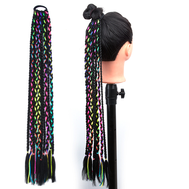 Girls Colored Box Braided Ponytail With Elastic Rubber Band Hair Extensions Rainbow Color Kids Box Wig Pigtail Hairpiece