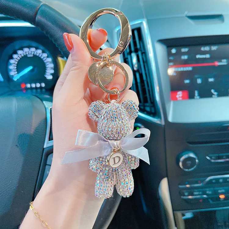 Key Rings Luxury Jewelry Full rhinestones Bear Car Key chain Creative Letter Big Button Key chains Bag Pendant Doll Party Gifts For Women 240412