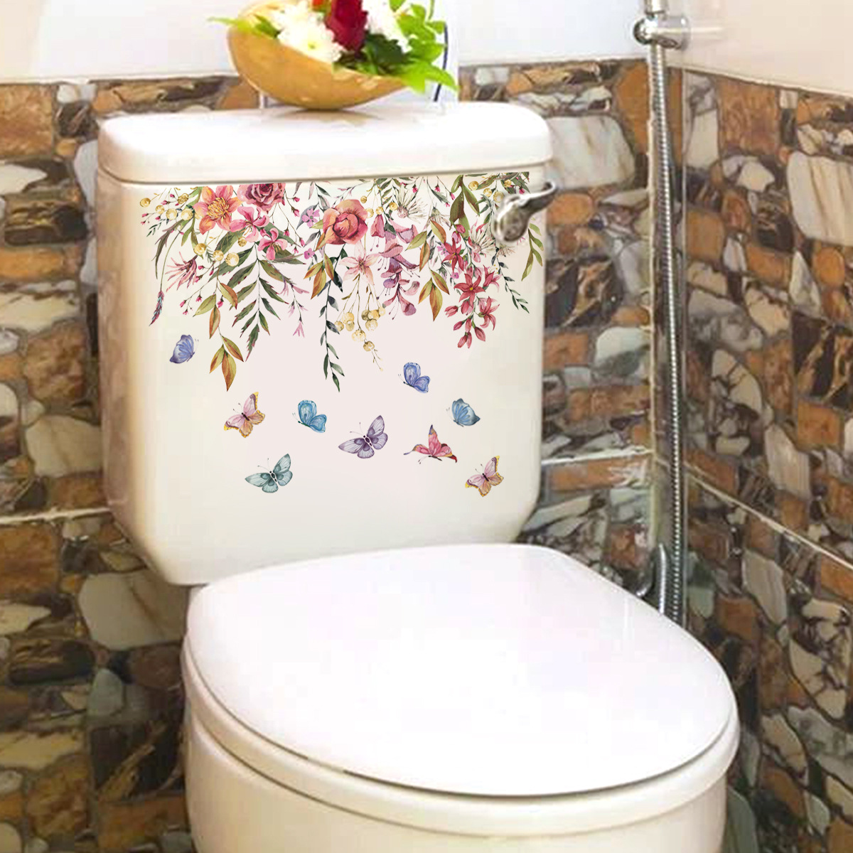 M21 plantes fleurs papillons autocollants de toilette de salle de bain couvercle de toilette autocollant réfrigérateur mural autocollants wc pour décoration domestique