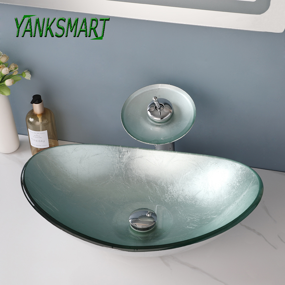 YANKSMART Silver Art Oval Bowl Bathroom Tempered Glass Sink Faucet Washbasin Bath Vanity Mixer Water Tap Set W/ Pop-up Drain