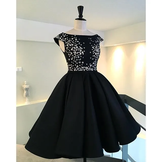2016 New High Low Prom Dresses Appliqued Jewel Cap Sleeves Custom Made Evening Gowns Knee Length A-Line Formal Dress