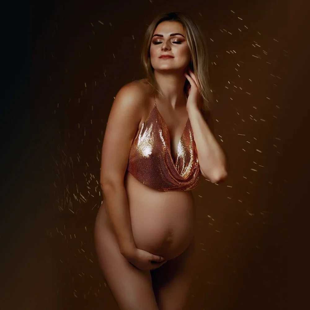 Zwangerschapsjurken voor zwangerschapsfotografie Jurk metalen pailletten Halter Crop Tops Sparkle Glitter Tank Deep V Neck voor zwangerschap maak een foto 240412