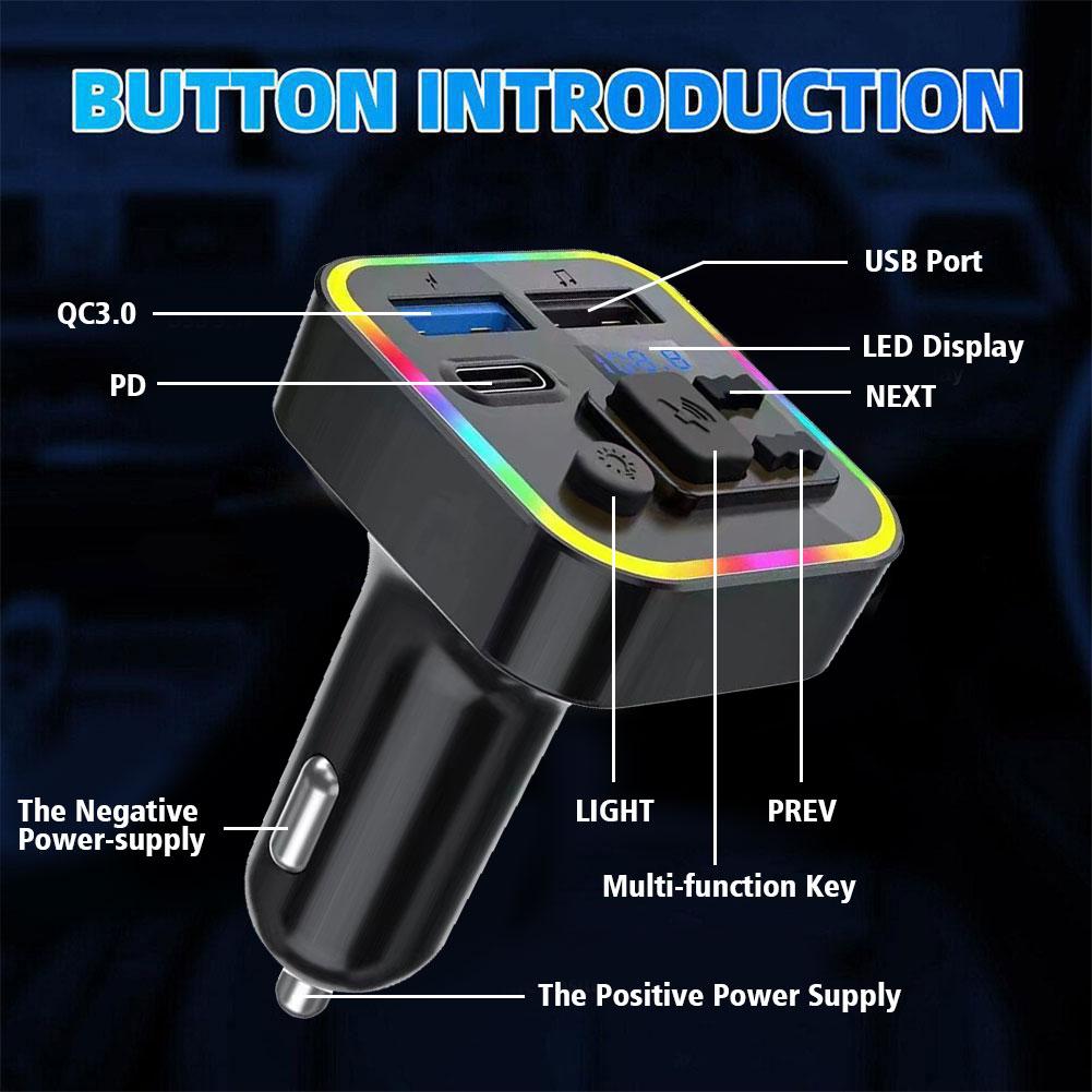 5.0 FM Transmitter PD Type-C Bluetooth Car Modulator With Fast Charger Ambient Light Handsfree Calling MP3 Player