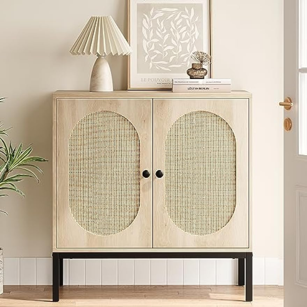 Gabinetto a buffet di Idealhouse, armadio di stoccaggio rattan con porte e mensole, cabinet di accento, cabinetto console in legno