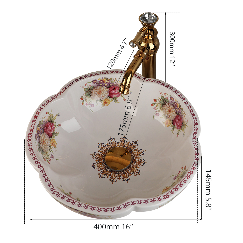 Anksmart Art Flower en céramique Vanité Vanité Vère robinet Kit de combo blanc au-dessus du bol avec des robinets d'évier en or Drain pop-up
