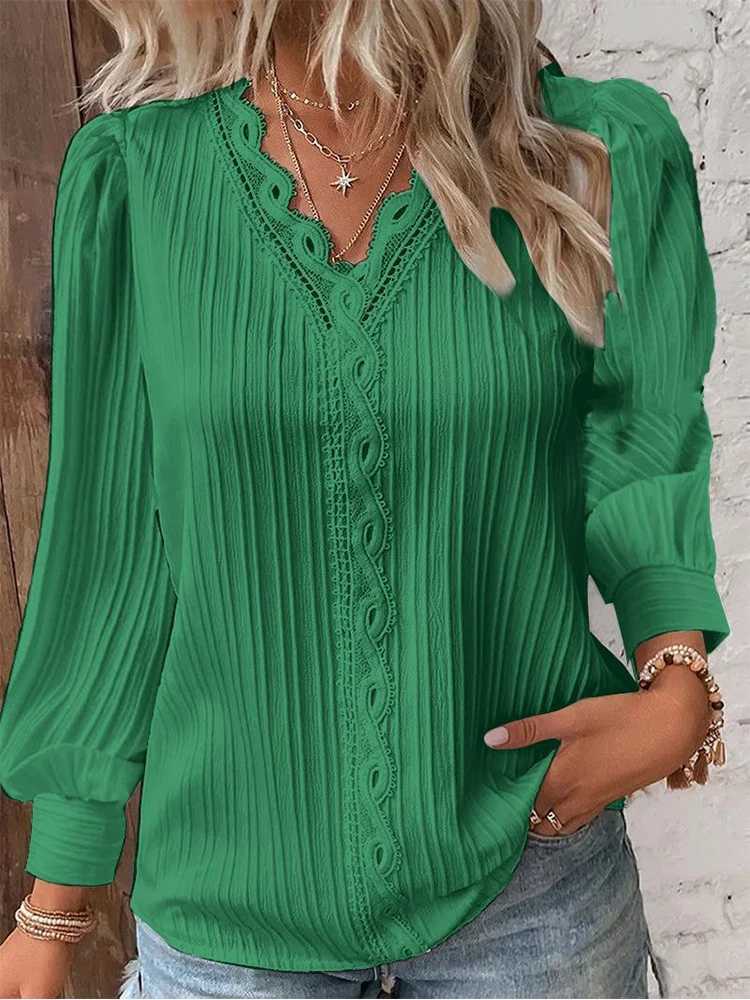Women's Blouses Shirts 2024 Women Lace Stitching Shirt Solid V-neck Simple Black Chiffon Decoration Hollow Out Fashion Elegant Top Office Lady Blouse 240411