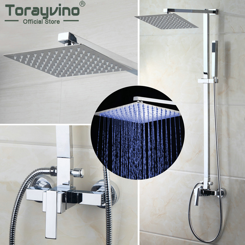 Torayvino LED Chrome Polished 8" Rainfall Bathroom Shower Head System Faucet Set With Adjust Height Handheld Wall Mounted Tap