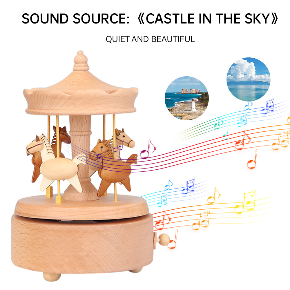 Wooden Carousel Music Box Rotating Windup Beech Musical Boxes Toy New Year Christmas Birthday Kid Gift Desktop Decoration