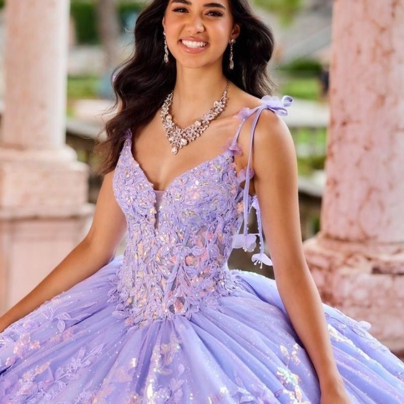 Lavendel glänsande quinceanera klänning 2024 mexikansk vestidos de 15 prinsessan söt 16 födelsedag xv bollklänning Askepott tjejklänning