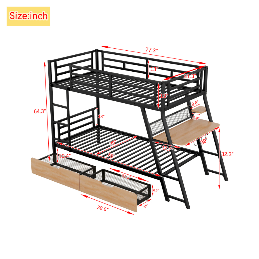 Zweibett, Metallbett, Kinderbett, robuste multifunktionale Etagenbett mit integriertem Schreibtisch, helle 2 Schubladen für Schlafzimmer