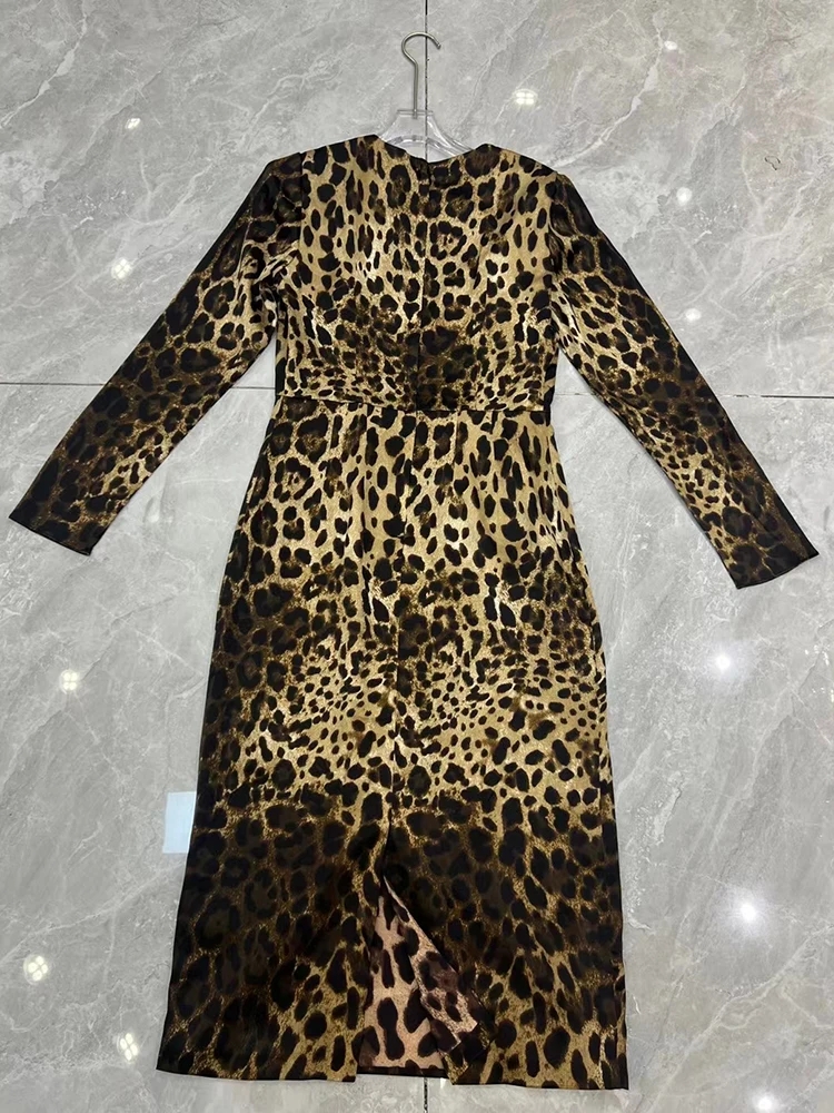 100% Silk Leopard Printing Dress Autumn Women O-Neck Long Sleeve Waist Sliming High Street Midi Vestidos