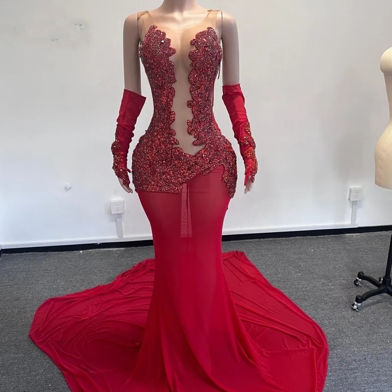 2024 Red Diamand Prom Dresses With Golves Sheer Neck Crystal Mermaid Party Gowns Long Birthday Outfits vestidos de gala