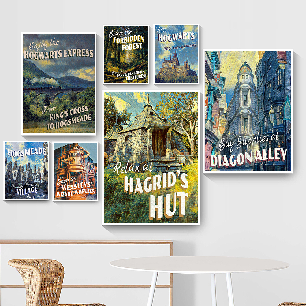Magic Castle Retro Art Poster Train Tourism Tourism Wizard Witch Canvas Print Vintage Movie Cover Wall Painting Room Home Decor