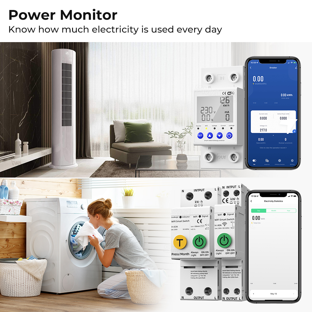 Brexer Smart Circuit Tuya WiFi Sous-Tension Protector Relay Din Rail Smart Switch KWh Médeur d'énergie Protection des fuites