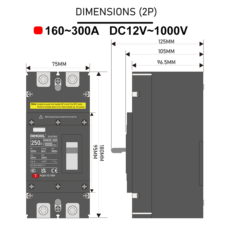 DC MCCB Circuit de boîtier moulé Brexer 2P 12V 24V 1000V 1500V 100A 200A 250A 400A 630A Protéger du système photovoltaïque de batterie