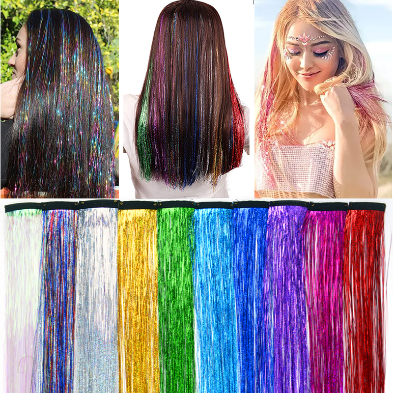 10Pack Sparkle Tinsel Clip in Hair Extensions For Girls Women Glitter Party Haaraccessoires Regenboog gekleurd bling haar stuk