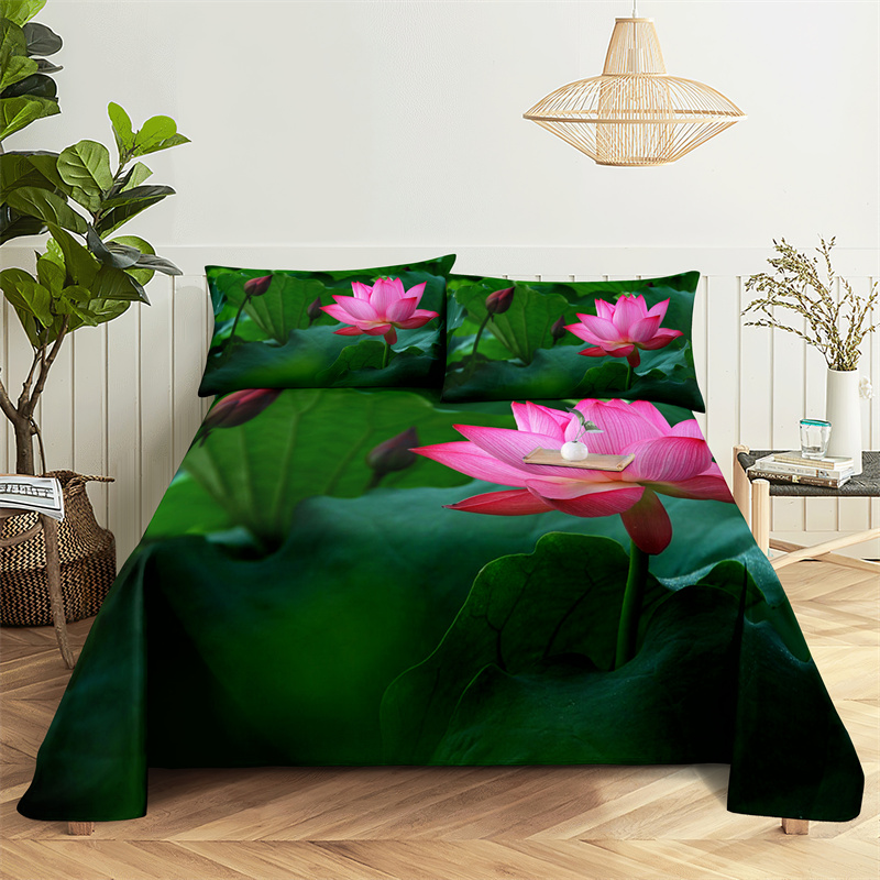 Pink Lotus 0,9/1.2/1.5/1.8/2.0m sängkläder Set Luxury Digital Print Polyester Bed Plat Sheet Bedlar och kuddväskor