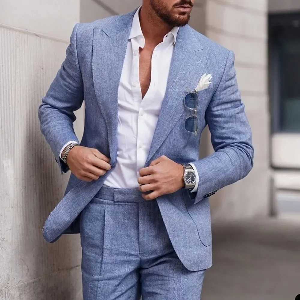 Men's Suits Blazers Fashion Linen Suits for Men Chic Peak Lapel Double One Button Male Suit Slim Fit Business Casual Wedding Tuxedo Costume