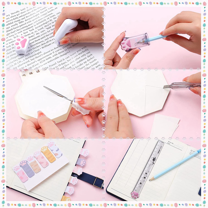 Cat Cat Paw Stationery Set Kawaii School Supplies, y compris le pointeur de crayons Eraser réutilisable blanc