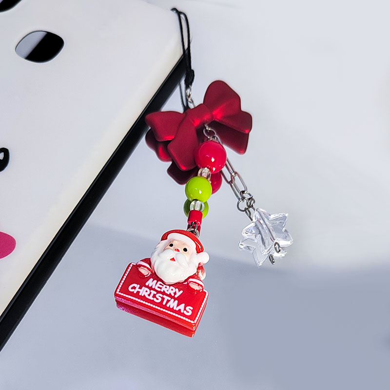 Santa Claus Mobiltelefon Charm Strap Chain Lanyard Söt röd båge klar akrylstjärna pärlsmycken Kvinnor julklappar nyckelring