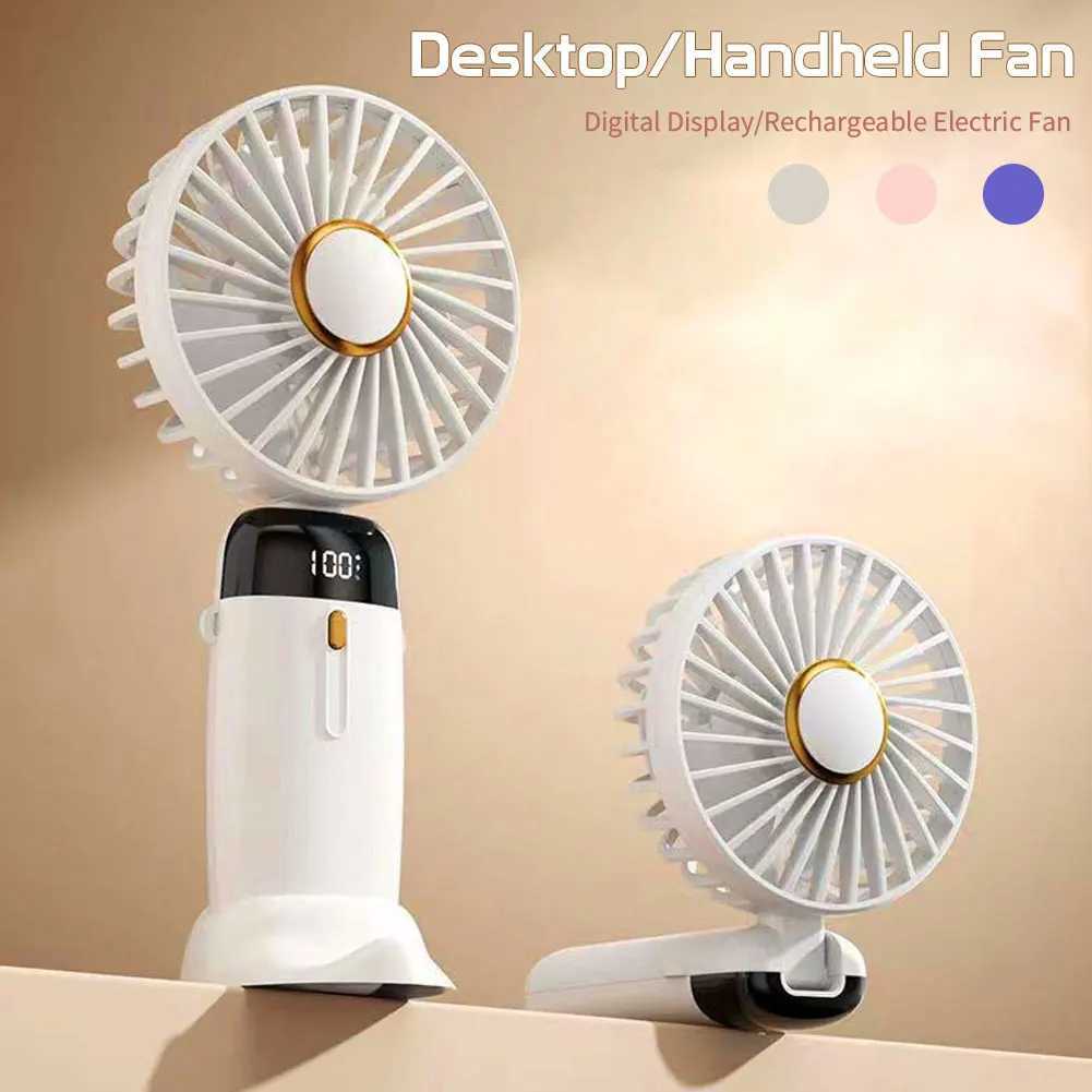 Electric Fans Handheld Folding Electric Fan USB Rechargeable Cooling Fan 1200mAh Portable Office Desktop Fan with Lanyard Base Digital Display