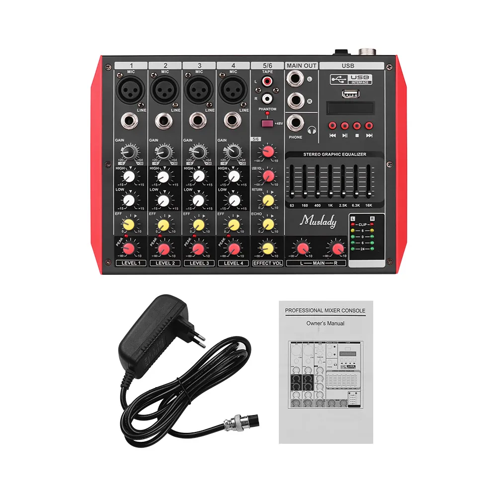 Mixer Muslady D6 6Channel Mixing Console Mixer 7Band EQ Builtin48V Phantom Power Supports BT Connection USB MP3 -speler voor Karaoke