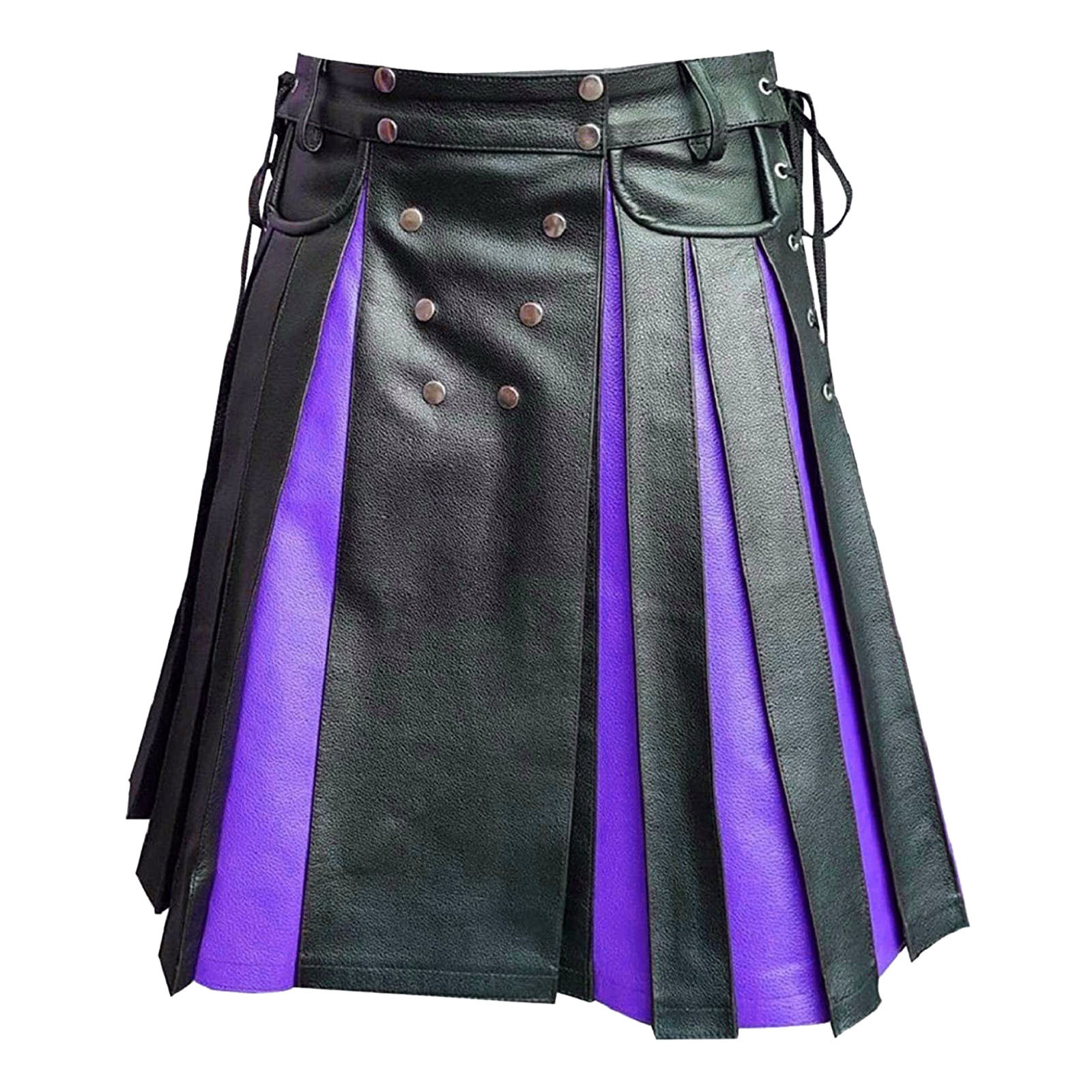 Mens Real Black & Red Leather Knee Length Gladiator Kilt with Flat Front Panels Scottish Kilts Utility LARP