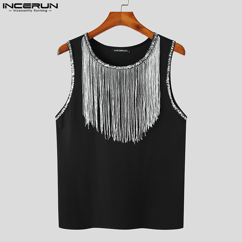 Incerun topps 2023 amerikansk stil stiliga nya män flash tyg tassel design tank tops casual party manlig heta försäljningsvästar s-5xl