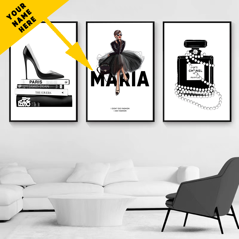 Moderne luxe parfum vrouw poster aangepaste naam canvas schilderij muur kunst foto's gepersonaliseerde geschenken voor dochter meisje kamer decor